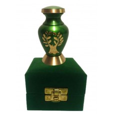 Keepsake Urn, Brass, Green, Engraved Tree - In Velvet Box