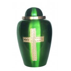 URN,  BRASS/GREEN, ENGRAVED WITH CROSS