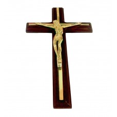 Crucifix Brass- Wall Hanging, On Brown Wooden Cross